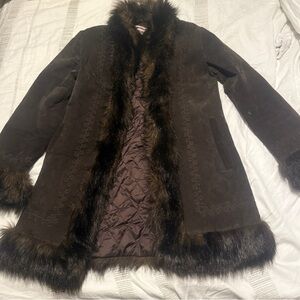 VENUS Dark Brown Faux Fur Trimmed Teddy Jacket